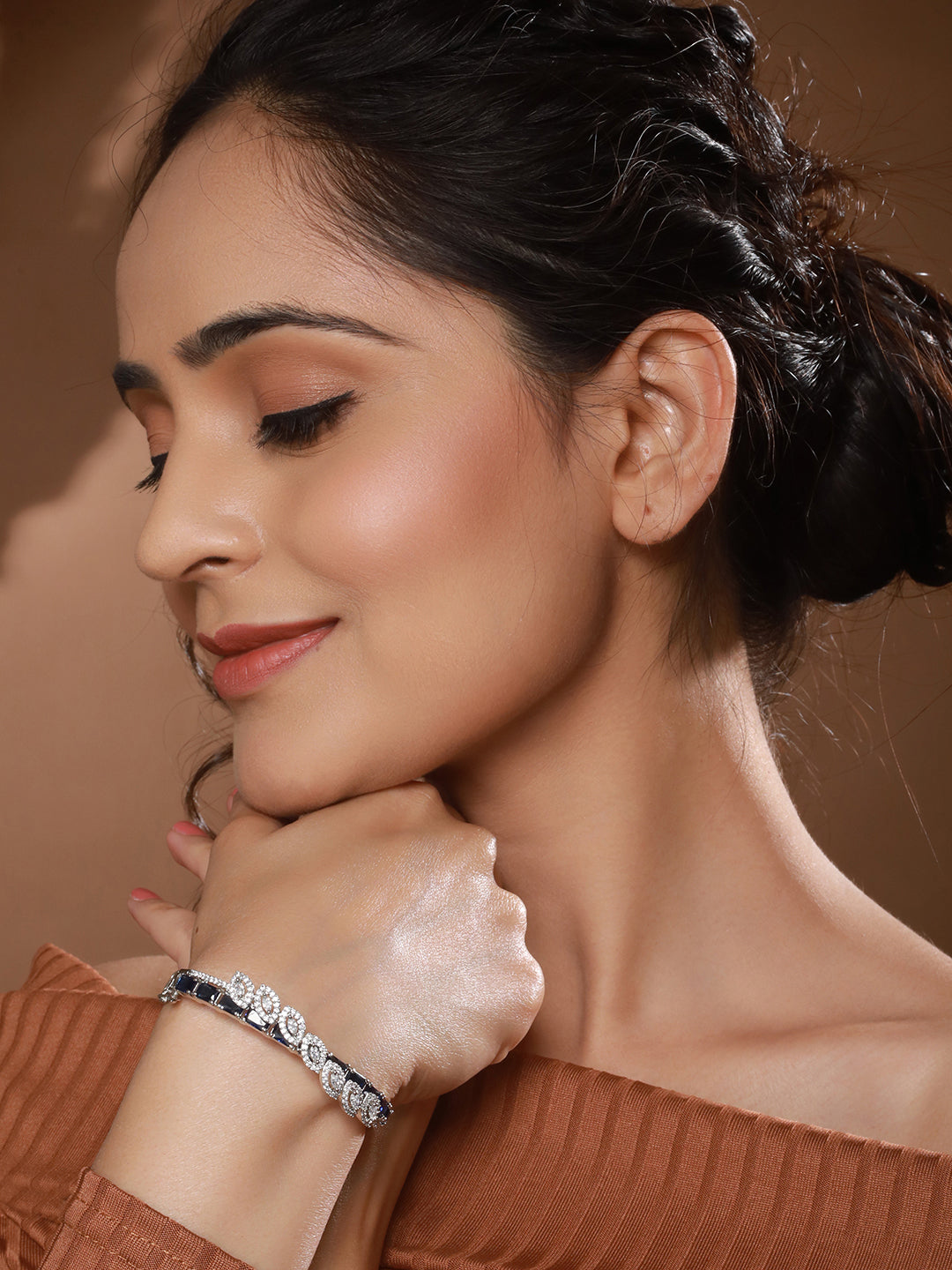 Silver Toned Sapphire Blue AD Studded Elegant  Designer  Leaf Kada Bangle  Bracelet